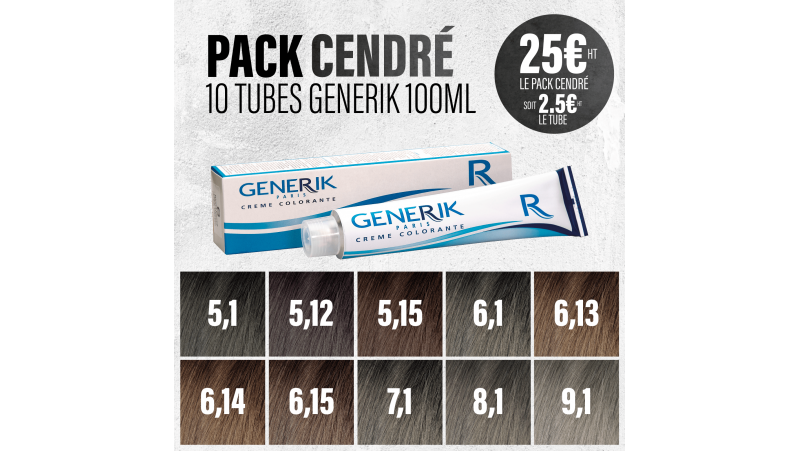 "Pack Cendré" 10 tubes de colorations avec ammoniaque Generik 100ml 