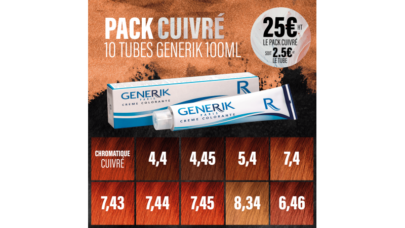 "Pack Cuivré" 10 tubes de colorations avec ammoniaque Generik 100ml 